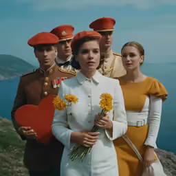 the young lady holding flowers stands with several men in uniform