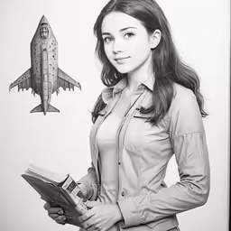 a woman holding a magazine stands next to a jet