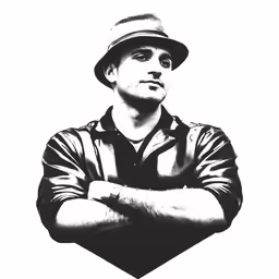 a black and white photo of a man wearing a hat