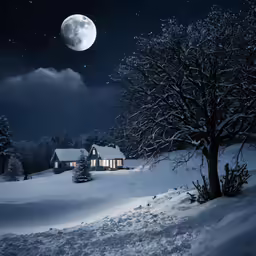 the cabin is located next to a tree in the snow