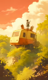 an artfully painted image of two children standing on the roof of a van in the woods