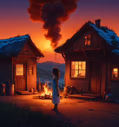 a woman in white dress standing in front of house with smoke,a person standing in front of a house
