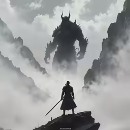 an artwork depicts a giant robot standing atop a mountain