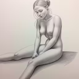 a drawing of a naked girl sitting on the floor,a drawing of a nude woman sitting in front of a mirror