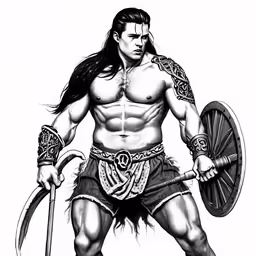 a black and white drawing of a warrior