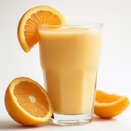 a glass of orange juice surrounded by slices of orange