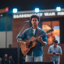 a man is playing an acoustic guitar while a band is on the stage