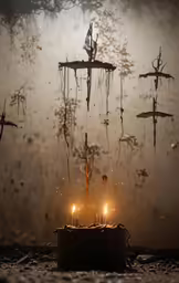 candles are lit on a spooky surface of an artistic photograph