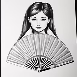 a drawing of a woman with long hair holding an elaborate fan