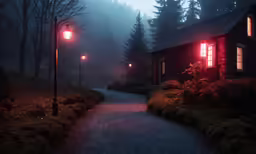 an old cabin with a red light and a path lit up