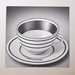 a white and black cup sitting on top of a plate