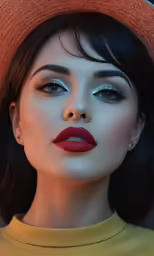 woman with red lips and black hair in straw hat