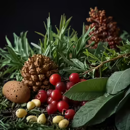 an assortment of plants and food in a pile