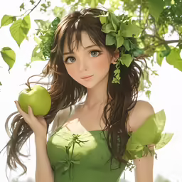 the girl has long dark hair wearing a green dress