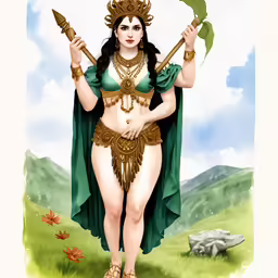 a drawing of a woman in a dress holding two large, green flowers