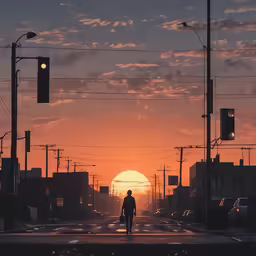 a man is walking down the street in a very big city