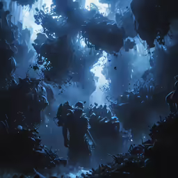 a man in the middle of a dark cave filled with water