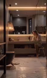 a woman is sitting in the bathroom alone