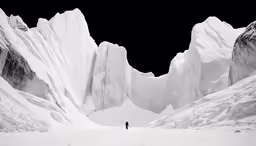 man standing in middle of snowy landscape with rocks