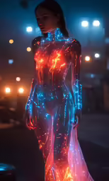 a woman is wearing a glowing suit in front of some lights