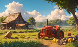 a small red tractor parked in a field
