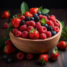 berries and blueberries in a wooden bowl on a table