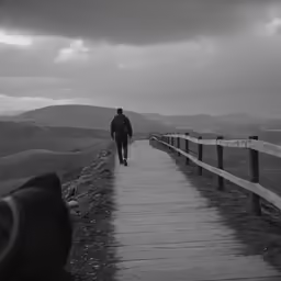 a man walking over a wooden path under dark clouds