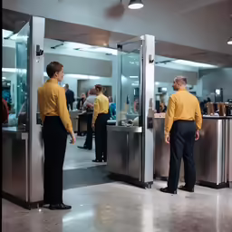 two men dressed in yellow standing at open doors