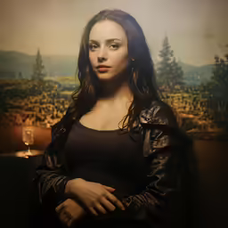 a woman standing in front of a painting