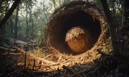 a large wooden structure in the middle of a forest