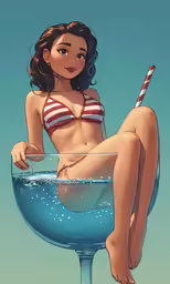 a woman in a bathing suit is sitting in a glass