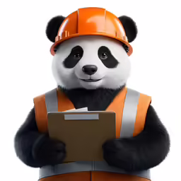 a panda in a construction outfit holding a clipboard