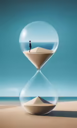 man standing on sand dune inside an hourglass