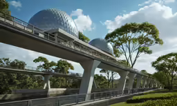 a train going over a bridge with many trees around
