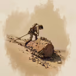 a man hiking down a very rocky hill