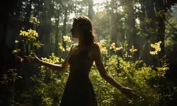 a woman is standing in a forest holding out her arms