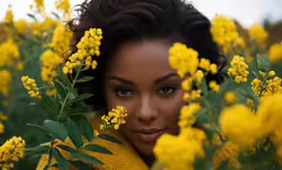 a beautiful black woman surrounded by yellow flowers