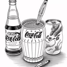 an ink drawing of a drink, a can of coca cola and a pen,a drawing of two soda bottles and a hand holding a toothbrush