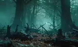 the woods at night is mysterious and it appears to be very spooky