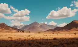 a field with grass and mountains in the distance