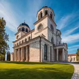 a very large church on top of a green field