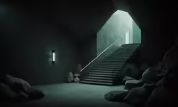 an empty room with a staircase and some rocks