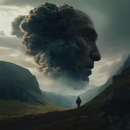a person on a hillside with a smoke stack coming out of their head