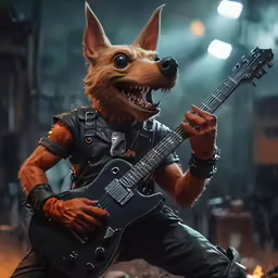 the wolf man is holding his electric guitar
