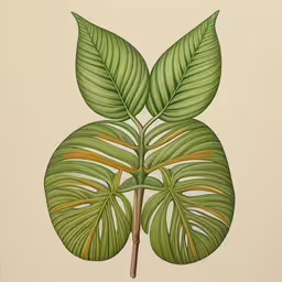 a picture of a green leaf on a white wall,the artwork depicts large leafy, green leaves