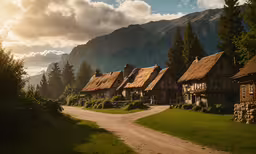 some buildings that are next to a dirt road,a long dirt road next to small houses