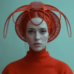a red haired woman wears an unusual hat