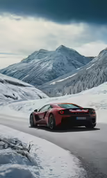 the new sports car is driving along the snowy mountains