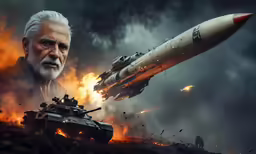 a man with a grey beard holding a tank in front of an orange and white rocket