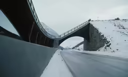 snow covers the ground under the bridge and the highway